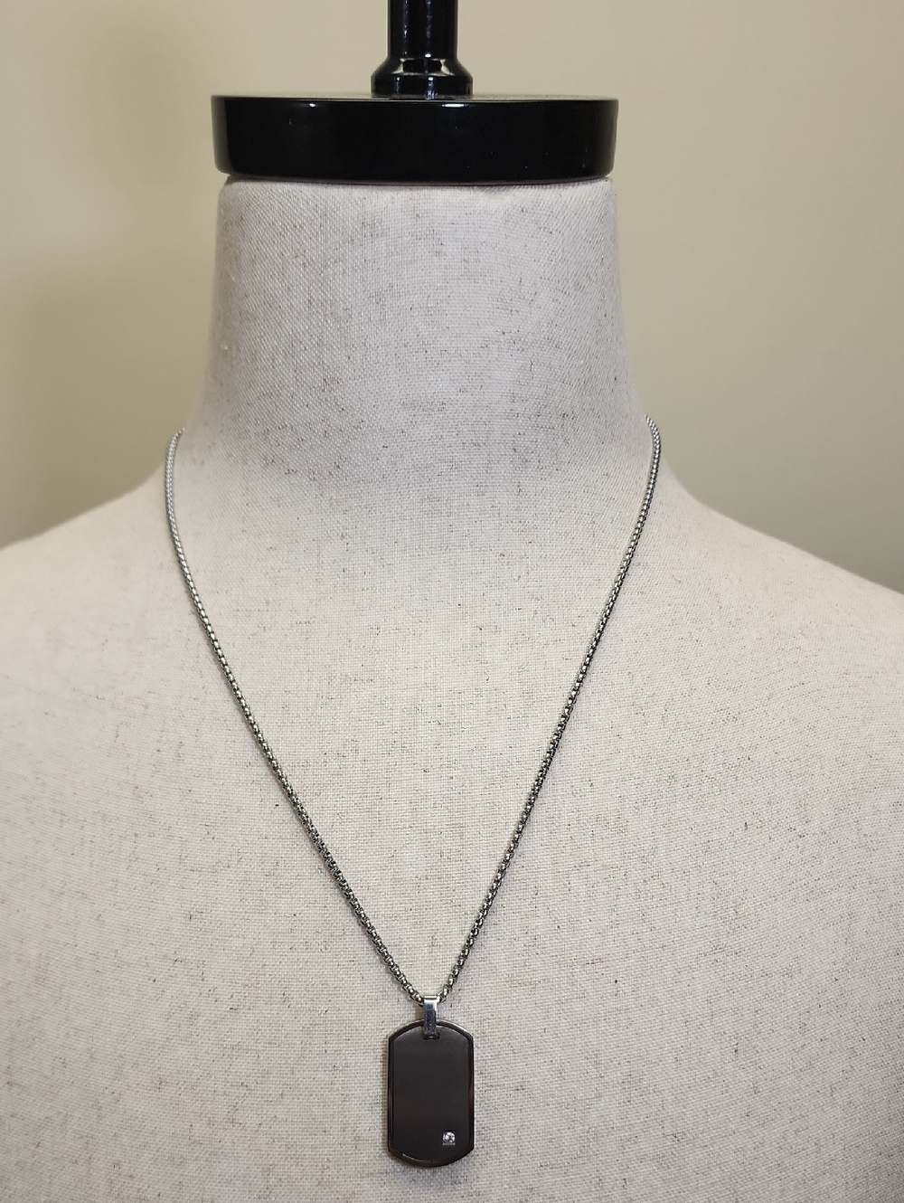 Geoffrey Beene Stainless Steel Dog Tag Pendant Necklace Faux Diamond